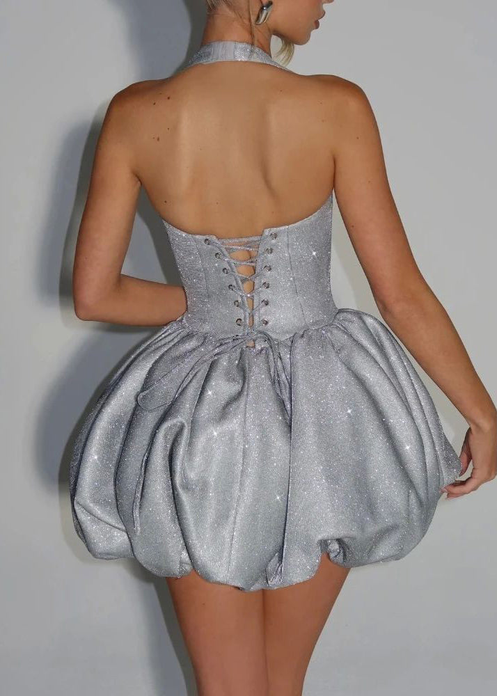 Fitted Silver Patchwork Tie Waist Mini Dress Sleeveless