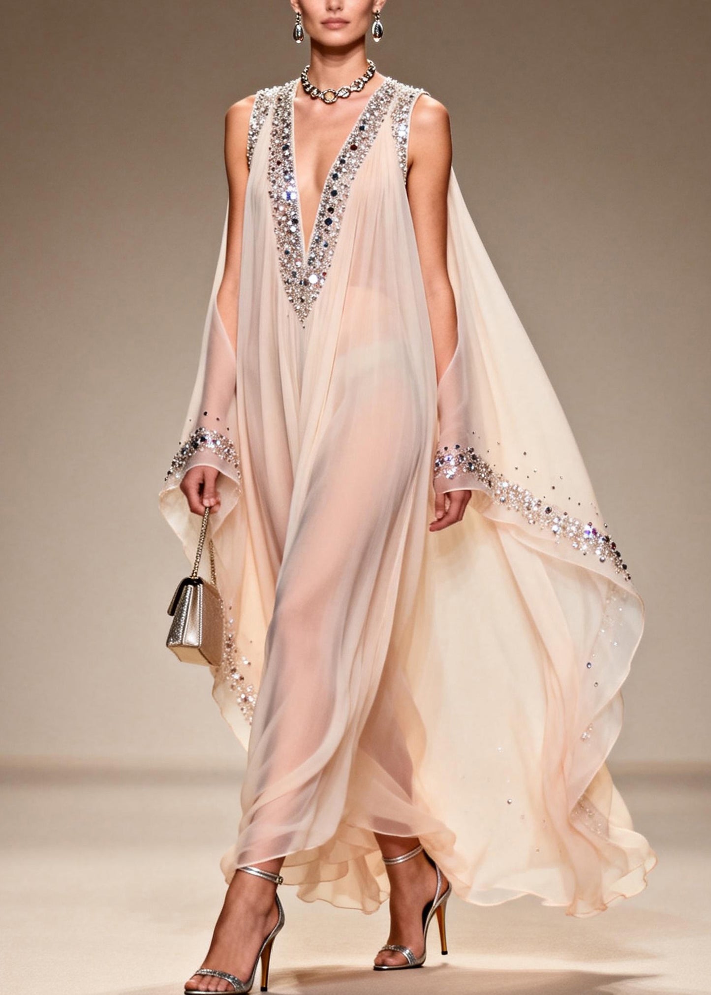 Fitted V Neck Cold Shoulder Zircon Chiffon Dress Summer