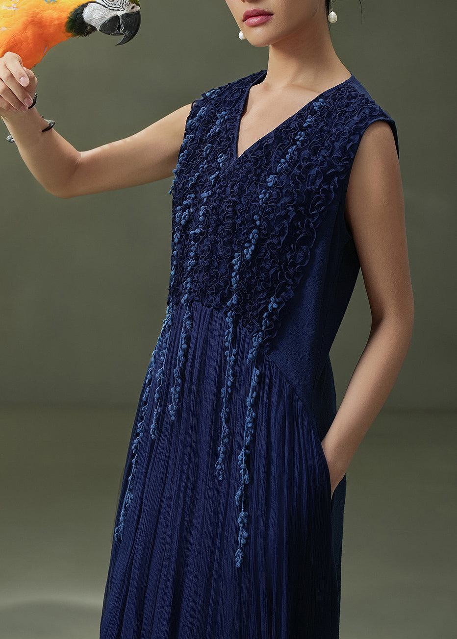 Fitted V Neck Wrinkled Trim Long Dress Sleeveless