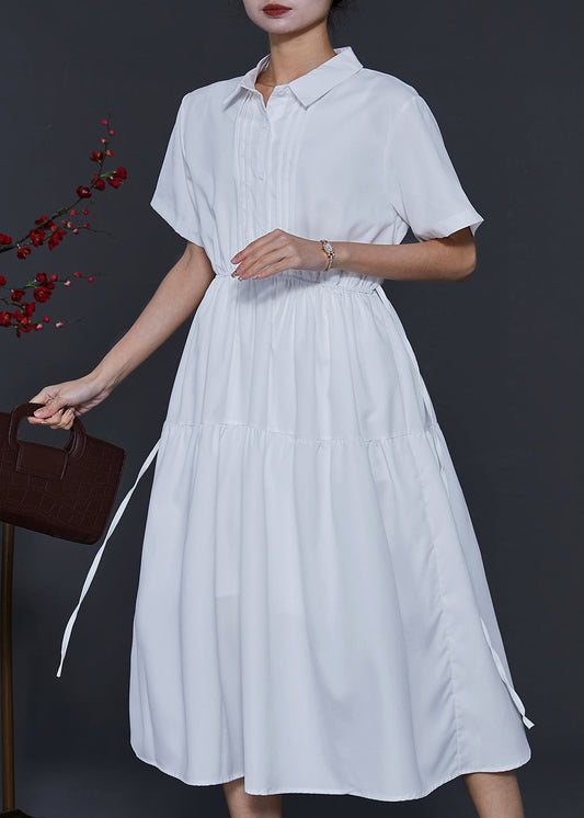Fitted White Cinched Wrinkled Cotton Dresses Summer