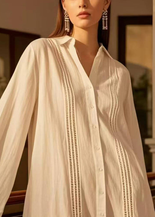 Fitted White Oversized Hollow Out Cotton Shirt Dresses Spring
