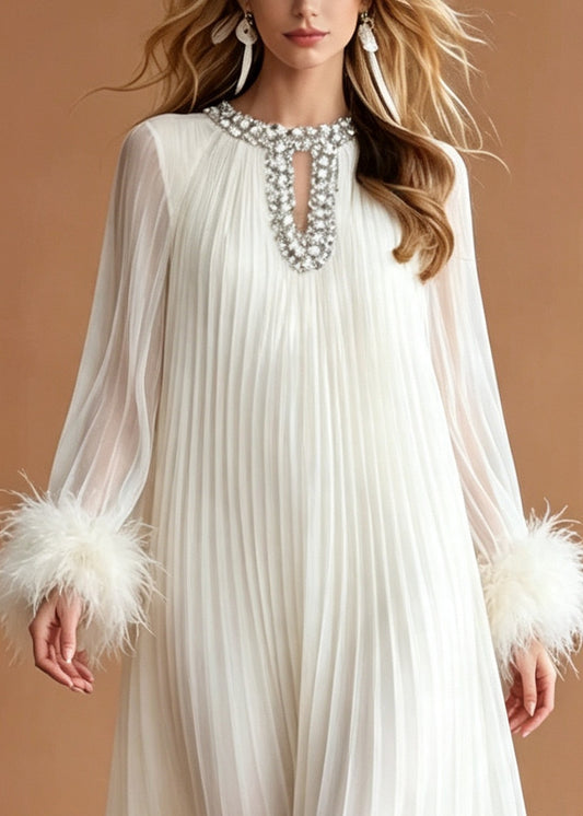 Fitted White Oversized Rhinestone Chiffon Pleated Dresses Summer