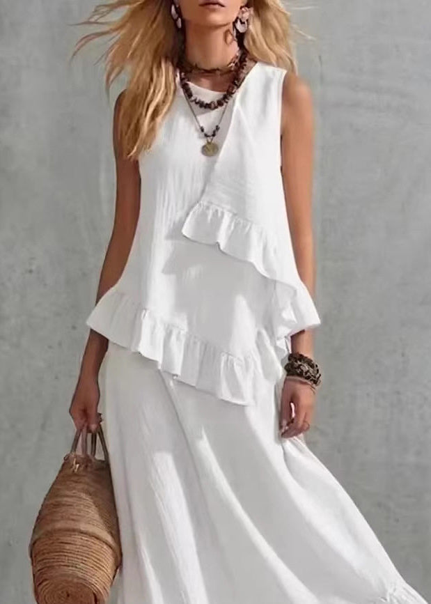 Fitted White Ruffled Patchwork Top And Maxi Skirts Two Pieces Set Sleeveless