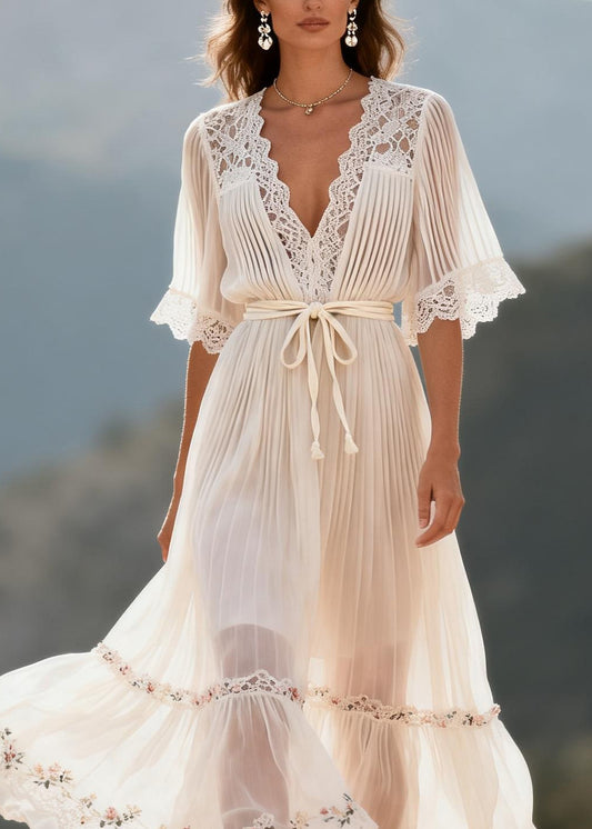 Fitted White V Neck Lace Floral Patchwork Chiffon Dress Summer