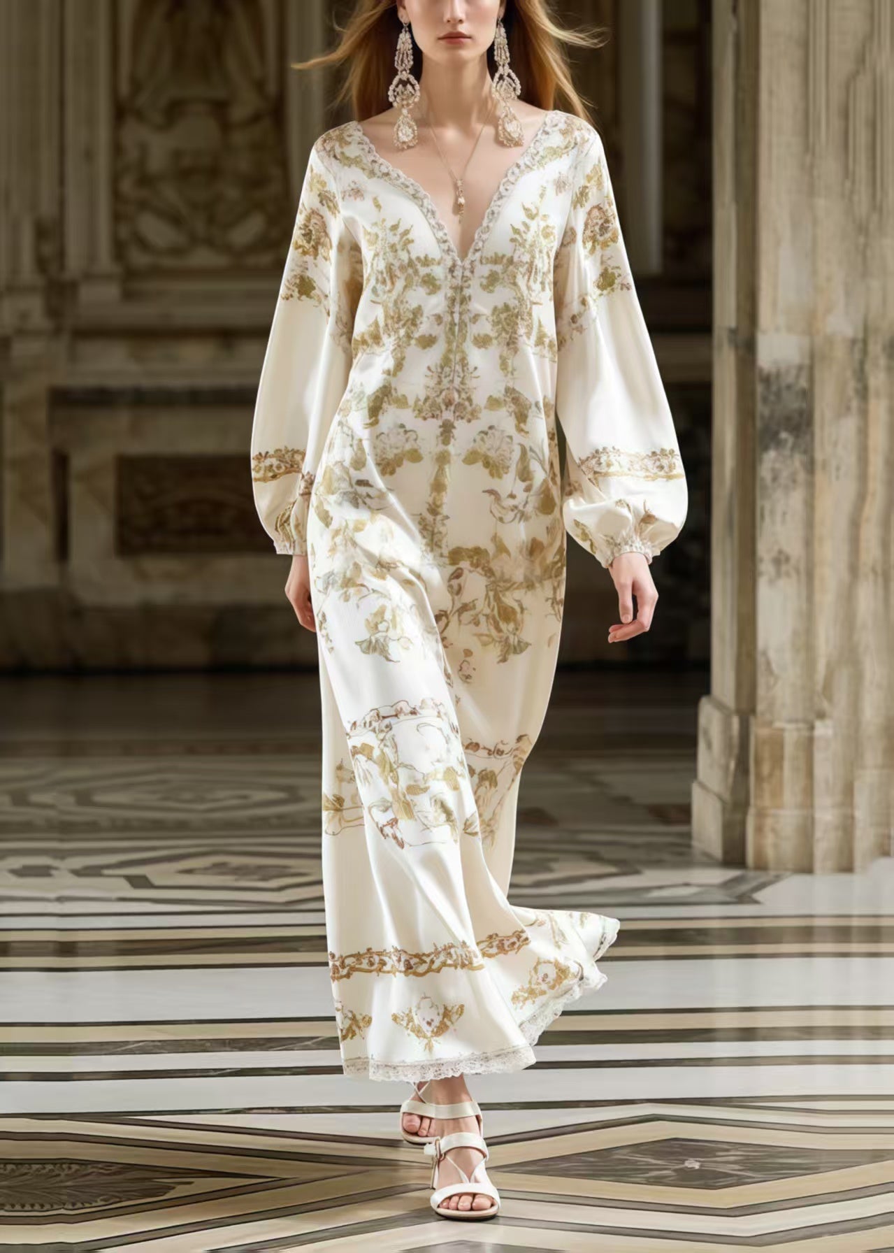 Fitted White V Neck Print Silk Ankle Dress Spring