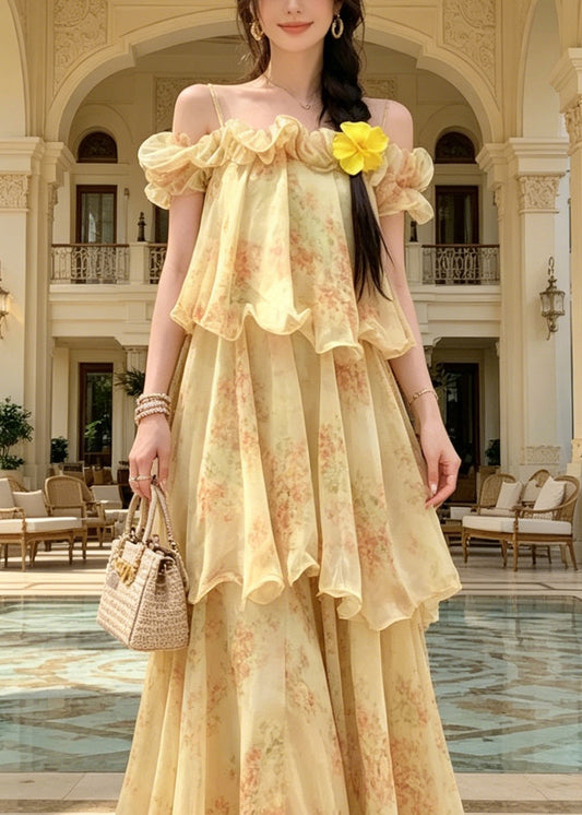 Fitted Yellow Cold Shoulder Ruffled Print Chiffon Maxi Spaghetti Strap Dress Sleeveless