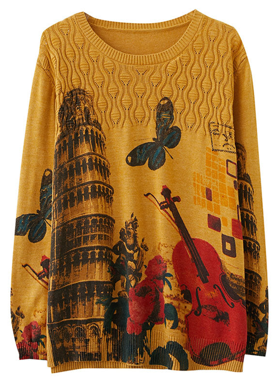 Fitted Yellow O-Neck Loose Print Fall Casual Knit Sweaters