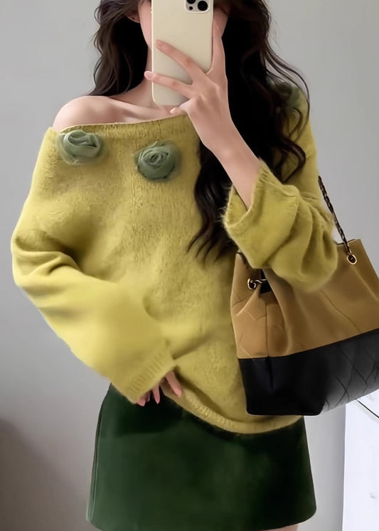 Fitted Yellow Slash Neck Floral Decorated Knit Pullover Spring