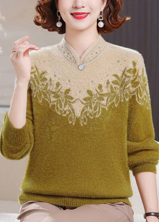 Fitted Yellow Stand Collar Cozy Thick Mink Hair Knitted Sweaters Fall