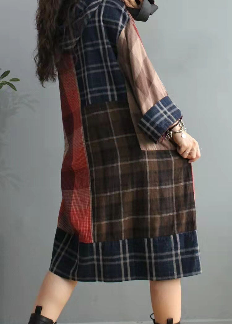 Fitted Colorblock Plaid asymmetrical design Cotton Linen Holiday Dress Summer