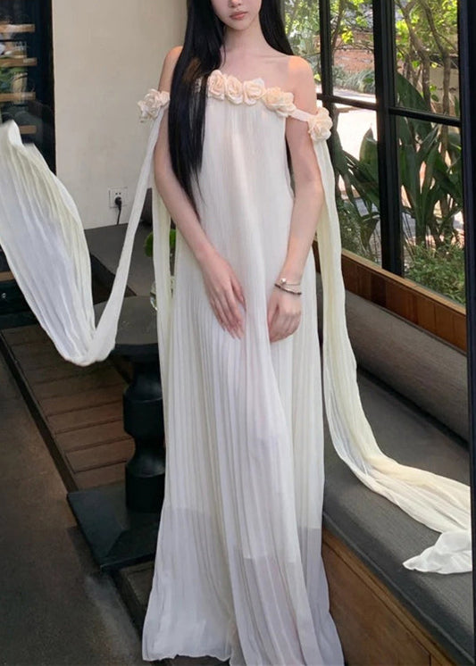 Floral Beige Slash Neck Solid Chiffon Maxi Dresses Summer