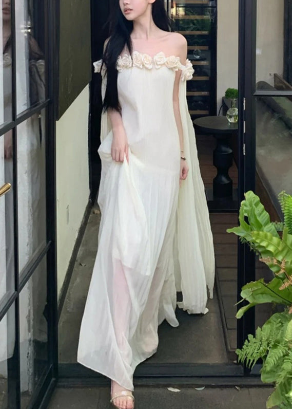 Floral Beige Slash Neck Solid Chiffon Maxi Dresses Summer