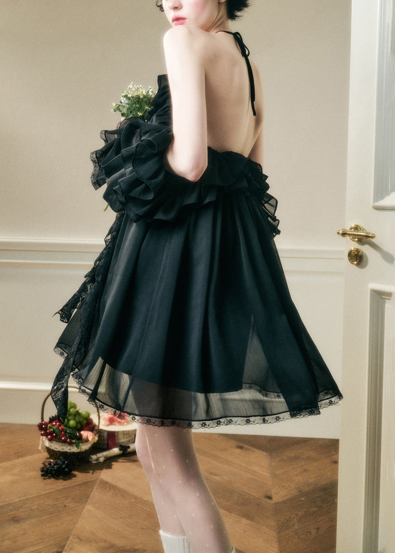 Floral Black Ruffled Chiffon Mini Dresses Butterfly Sleeve