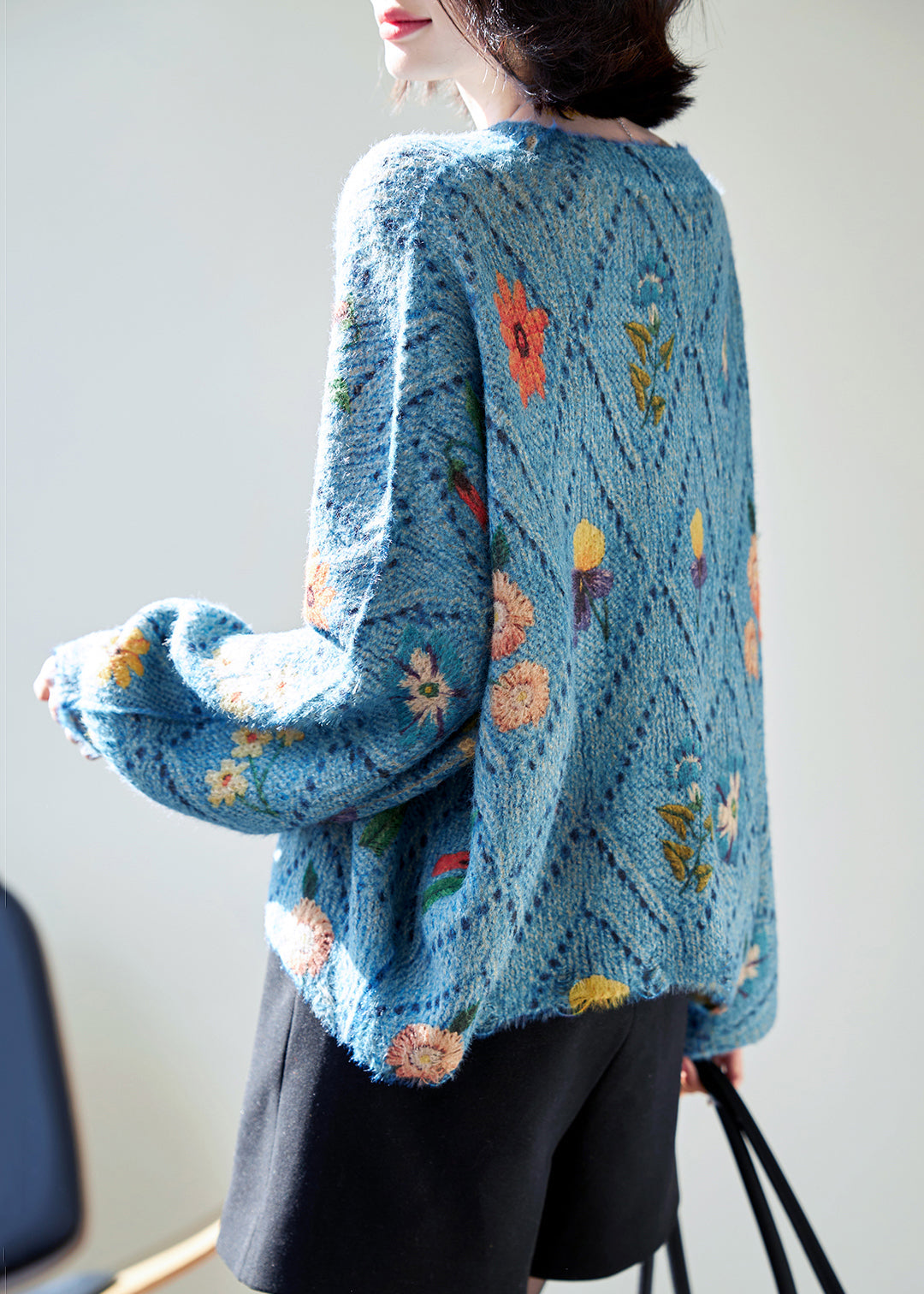Floral Blue O-Neck Hollow Out Knit Sweaters Batwing Sleeve