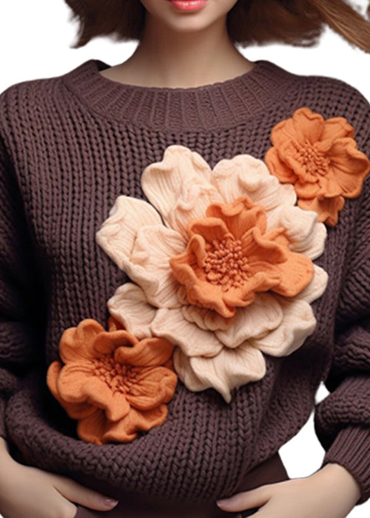 Floral Brown O Neck Cotton Knit Sweaters Fall