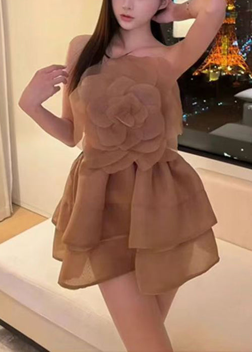 Floral Coffee Cold Shoulder Solid Mini Dresses Sleeveless