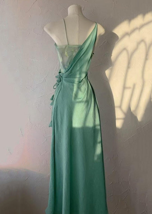 Floral Green Asymmetrical Lace Up Cotton Long Dress Sleeveless