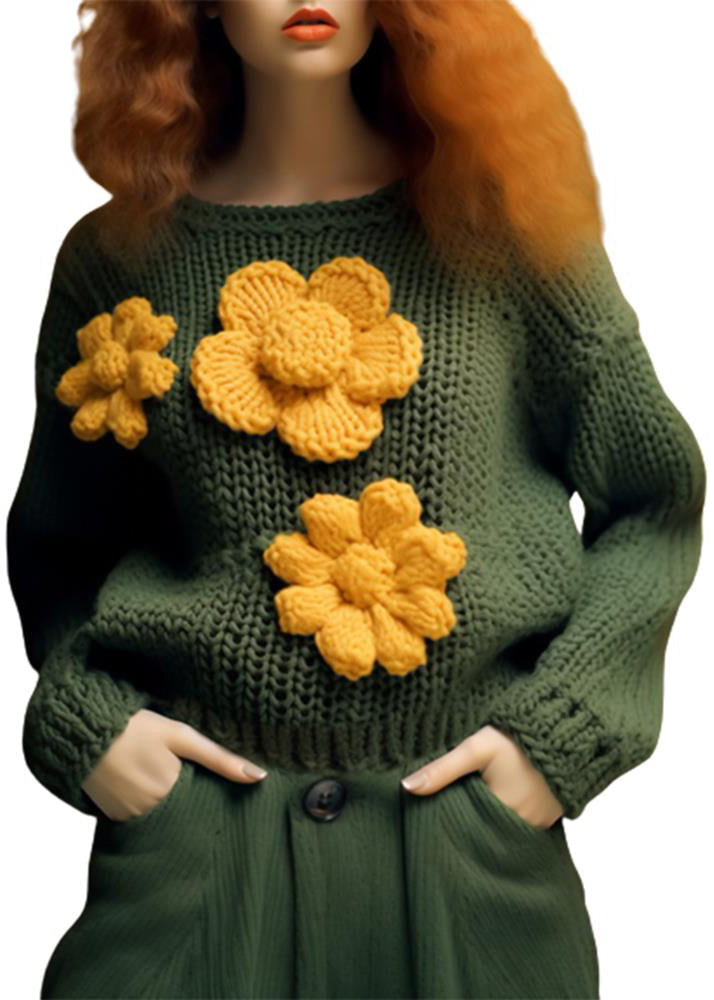 Floral Green O Neck Hollow Out Cotton Knit Top Fall