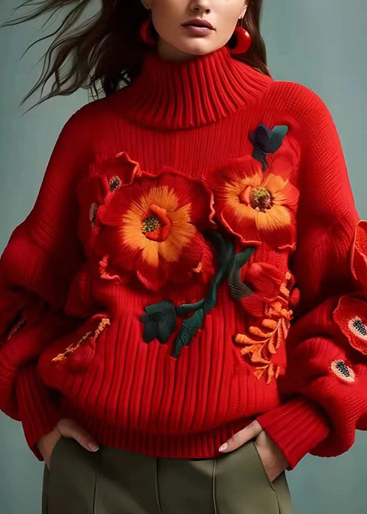 Floral Red Turtleneck Cotton Knit Sweaters Long Sleeve