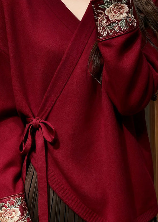 Floral Red V Neck Lace Up Solid Knit Sweater Spring