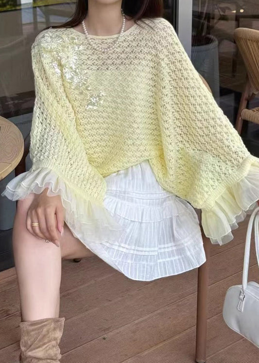 Floral White Hollow Out Patchwork Knit Sweater Fall