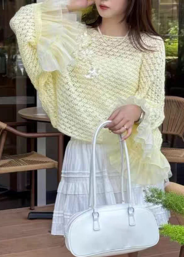 Floral White Hollow Out Patchwork Knit Sweater Fall