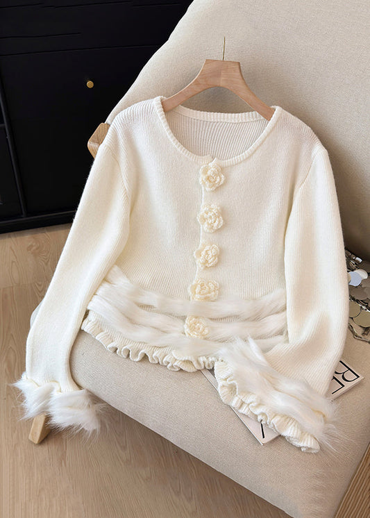 Floral White Ruffled Cozy Patchwork Knit Sweater Tops