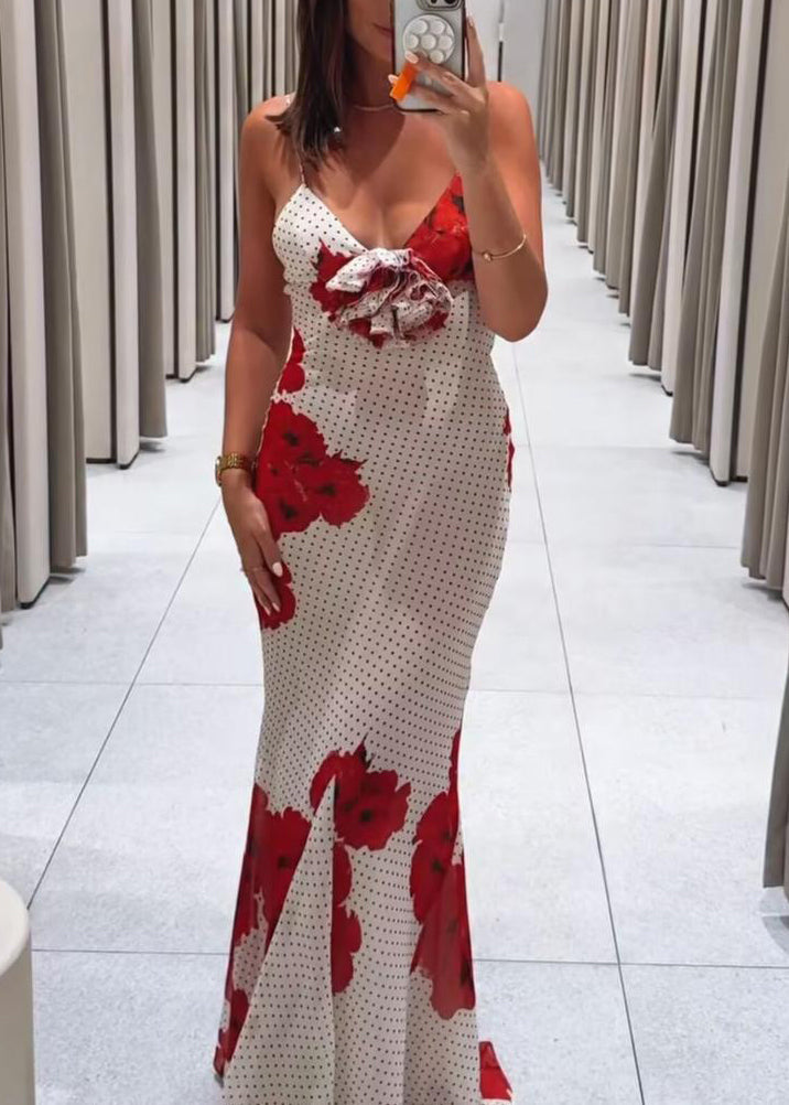 Floral White V Neck Print Chiffon Spaghetti Strap Dress Sleeveless