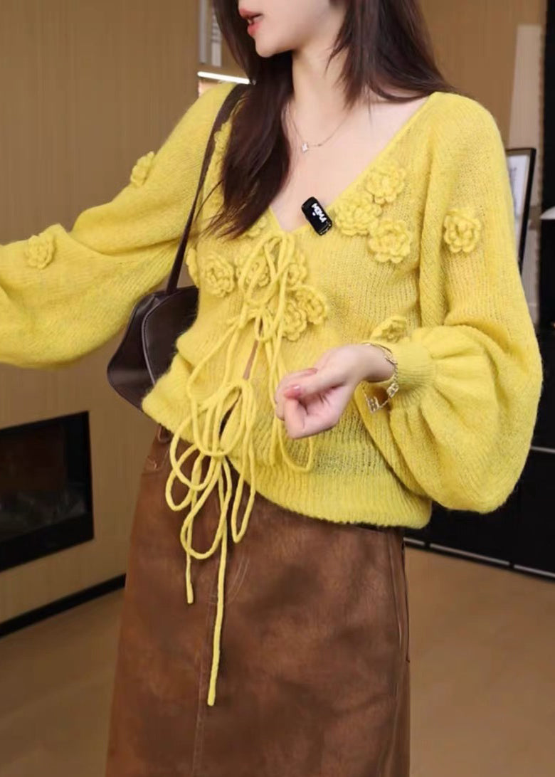 Floral Yellow V Neck Lace Up Solid Knit Sweaters Fall