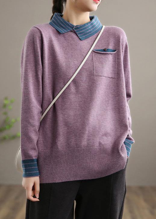 For Spring Black Knit Tops Clothing Lapel Patchwork Sweater Tops - SooLinen