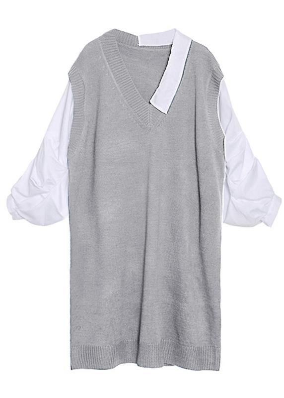 For Spring patchwork Puff Sleeve Sweater weather plus size gray Mujer knit dress - SooLinen