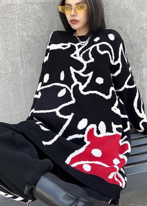 For Work Black Cartoon Flower Weaving Knit Blouse O Neck Plus Size Knit Sweat Tops - SooLinen