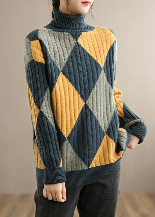 For Work Gray Blue Plaid Sweater Tops High Neck Oversized Sweaters - SooLinen