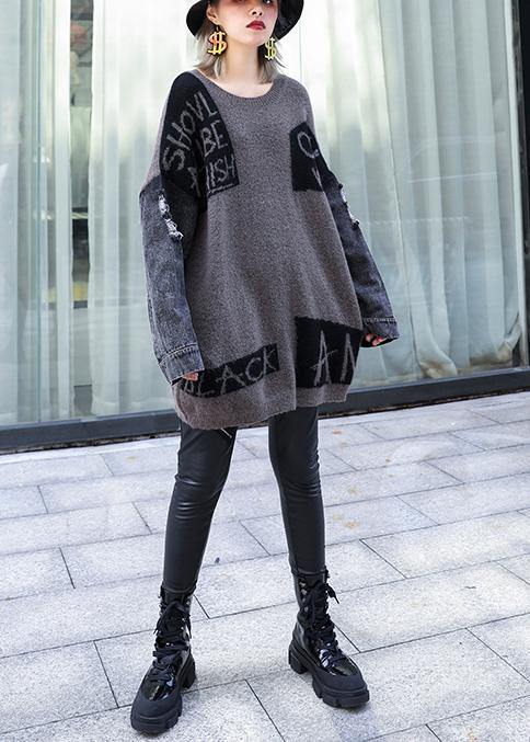 For Work gray chocolate patchwork knitted clothes plus size o neck Hole knitwear - SooLinen