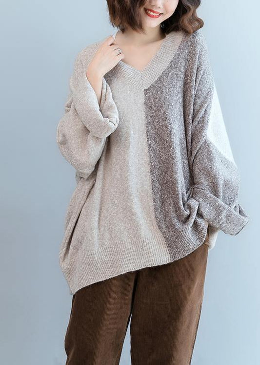 For Work gray knitted t shirt v neck patchwork trendy plus size knit sweat tops - SooLinen