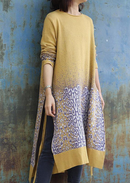 For Work side open Sweater o neck weather Classy yellow Jacquard Hipster sweater dress - SooLinen