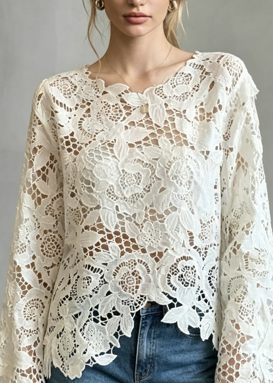 French Apricot Asymmetrical Hollow Out Lace Shirts Fall