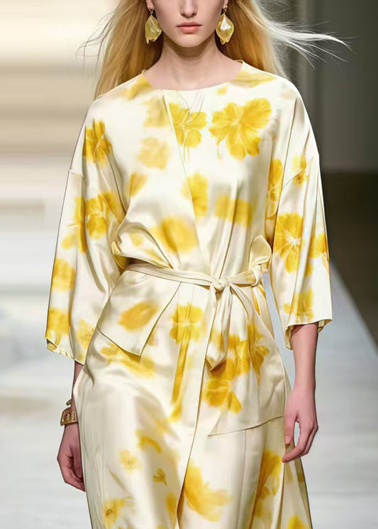 French Apricot Asymmetrical Print Silk Work Dresses Spring