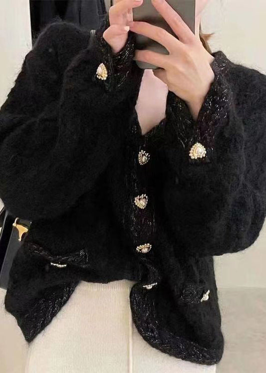 French Apricot Button Hollow Out Cotton Knit Coats Fall