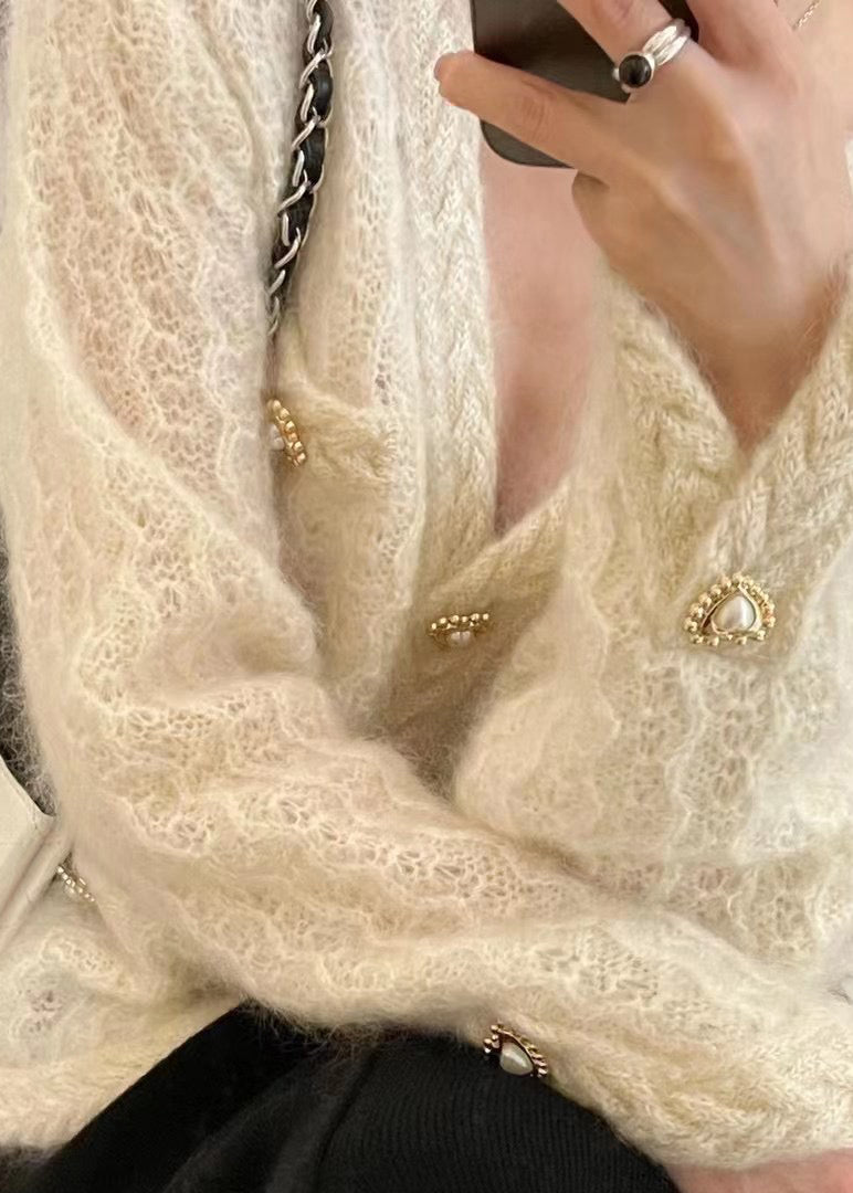 French Apricot Button Hollow Out Cotton Knit Coats Fall