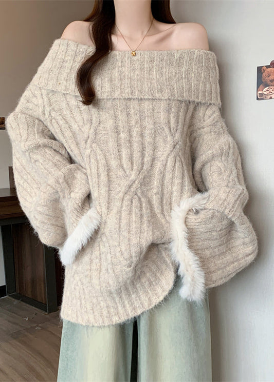 French Apricot Cold Shoulder Patchwork Faux Fur Knit Shirts Winter