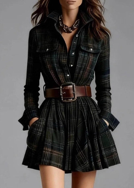 French Apricot Peter Pan Collar Striped Sash Mid Dress Long Sleeve