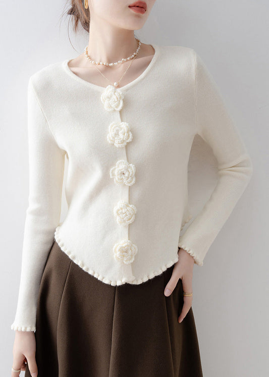 French Apricot Ruffled Floral Knit Sweaters Flare Sleeve