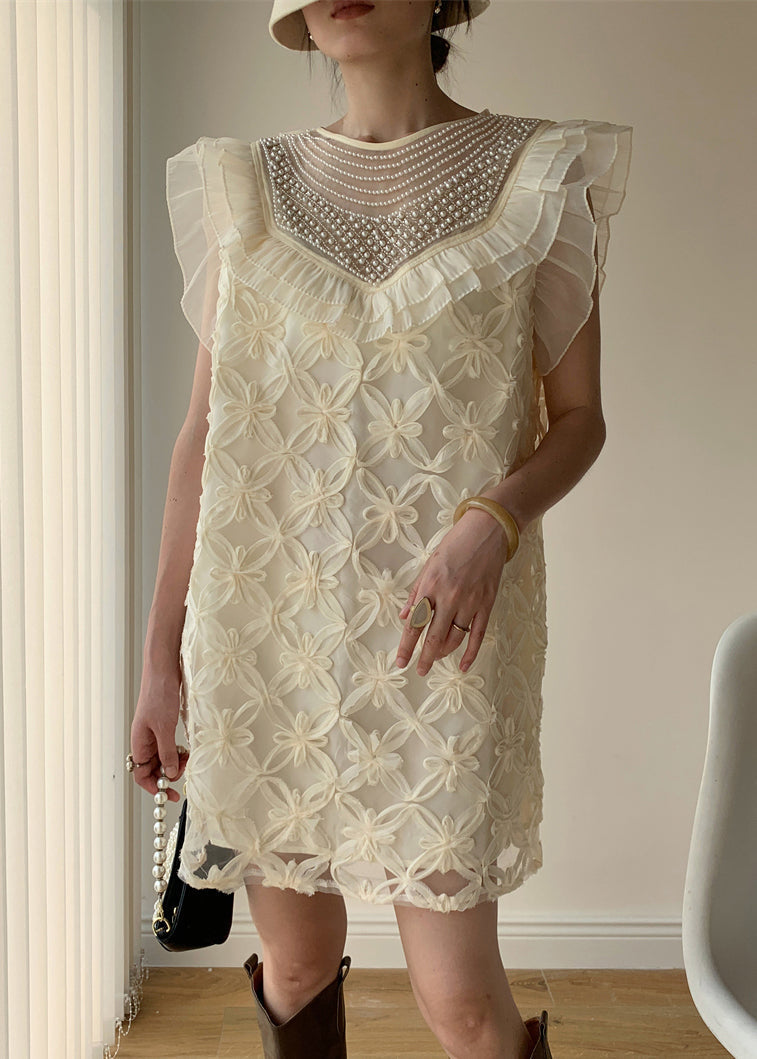 French Apricot Ruffled Nail Bead Patchwork Tulle Dress Butterfly Sleeve