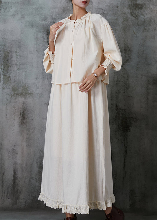 French Apricot Ruffled Patchwork Cotton Dress Two Piece Set Spring