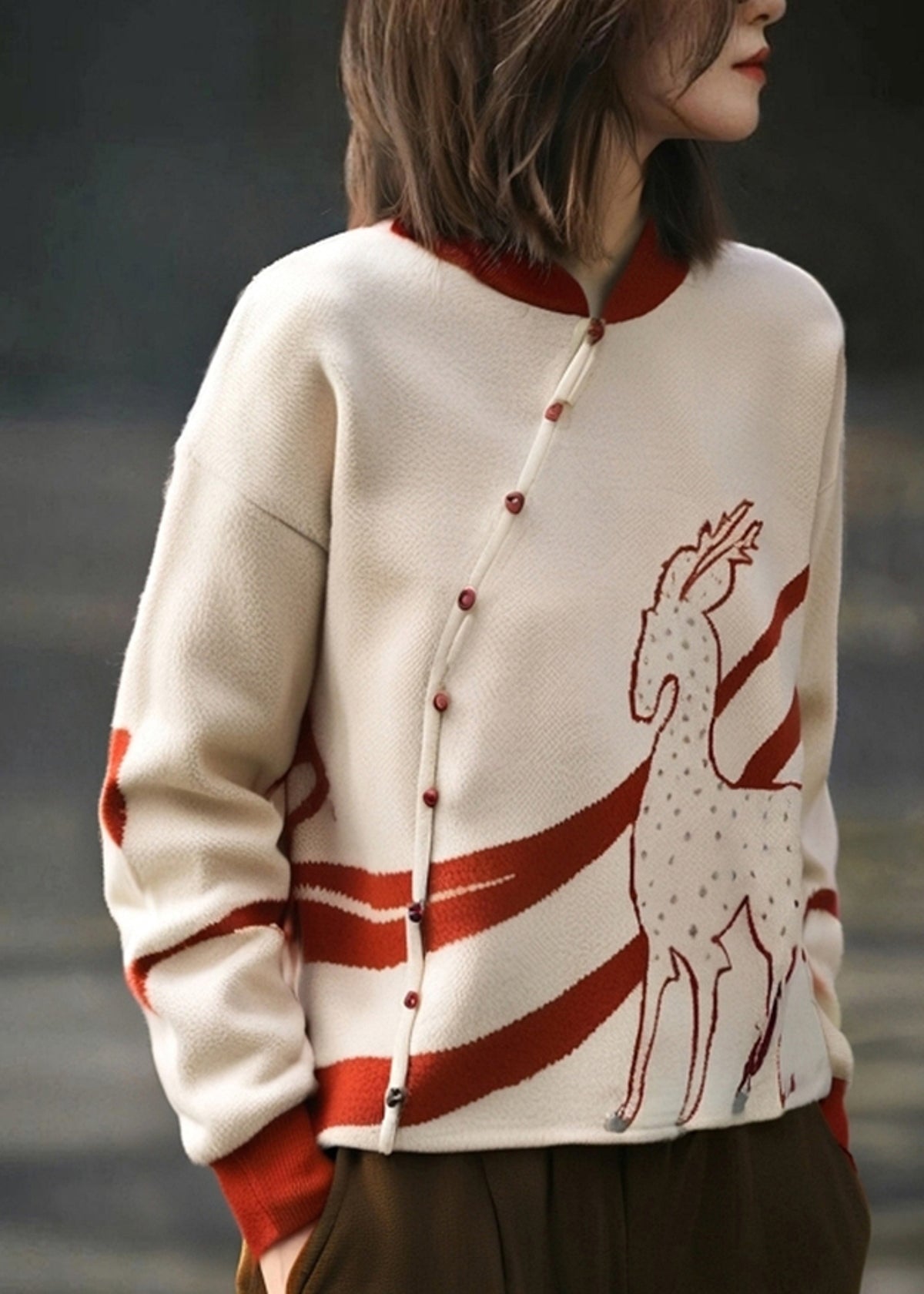 French Apricot Stand Collar Print Cotton Knit Sweate Spring