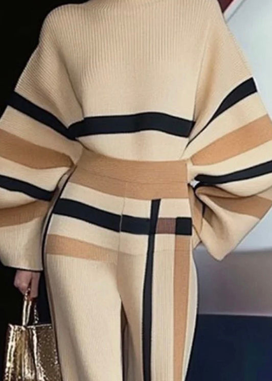 French Apricot Striped Sweaters And Pants Knit Two Pieces Set Spring