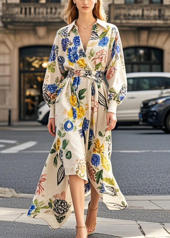 French Apricot Tie Waist Print Cotton Maxi Dress Spring