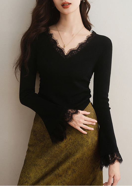 French Apricot V Neck Lace Patchwork Knit Top Flare Sleeve