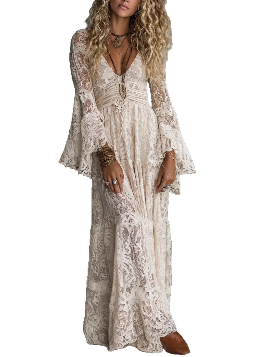 French Apricot V Neck Ruffled Lace Long Dresses